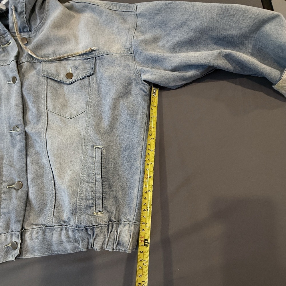 Light Wash Denim Hooded Jean Jacket Women's Large Button Front Casual - Picture 12 of 13